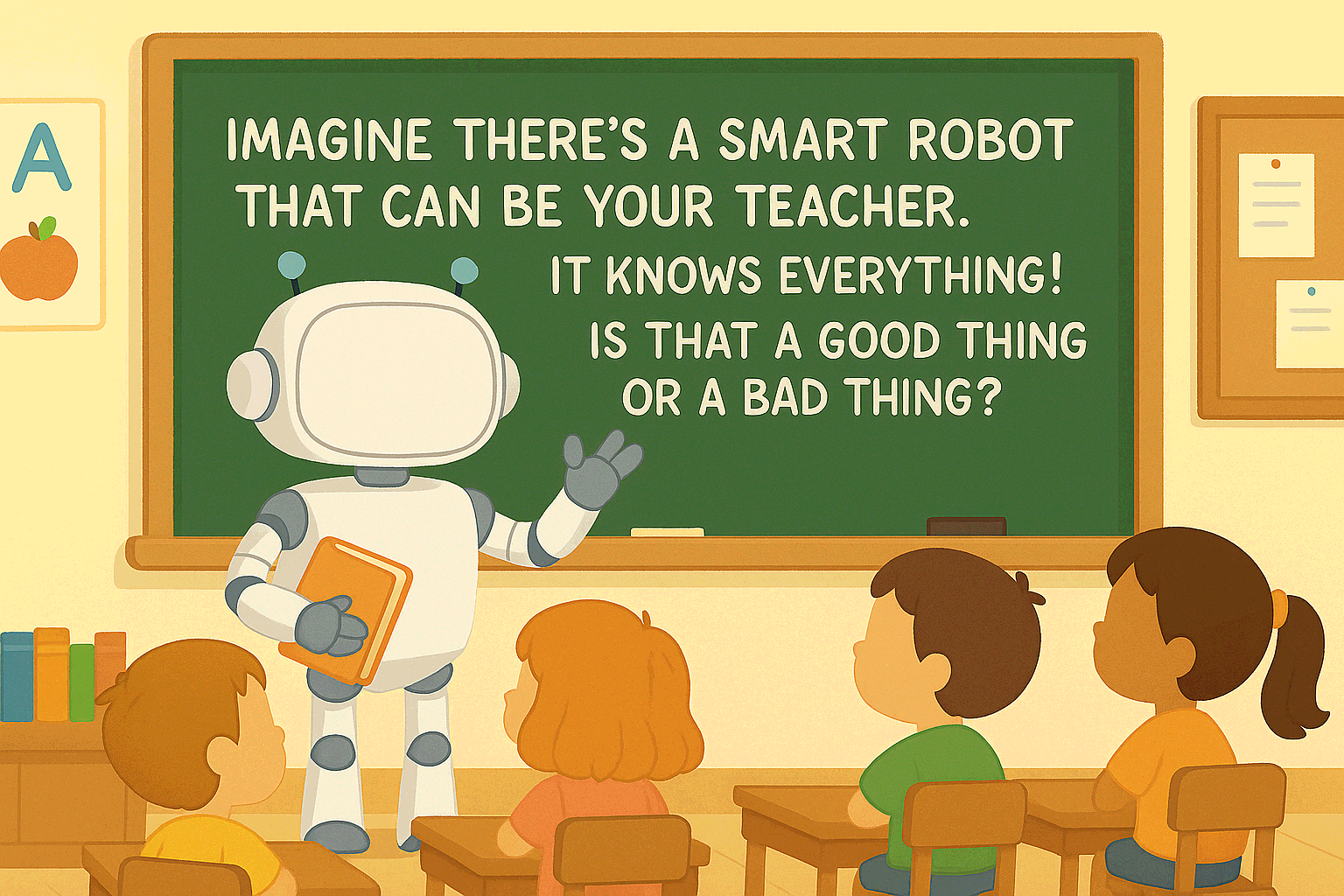 A robot teacher standing in front of a chalkboard facing three students.